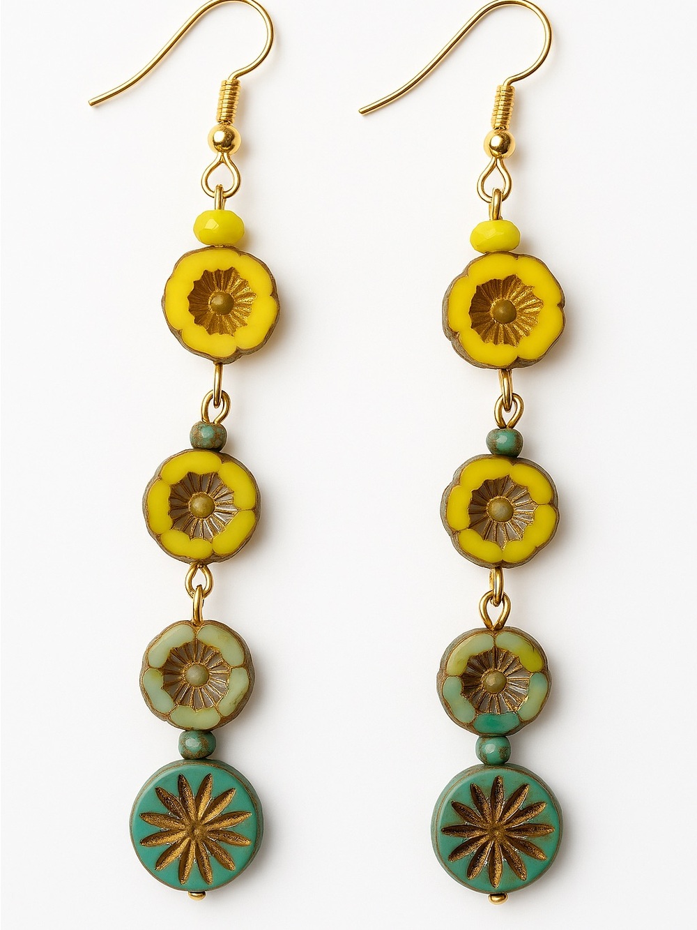 Handmade Floral Beaded Dangle Earrings – Teal & Chartreuse Boho Statement